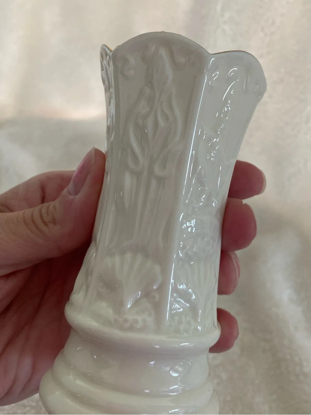 Belleek Small Cream Embossed Porcelain Vase with Gold Trim